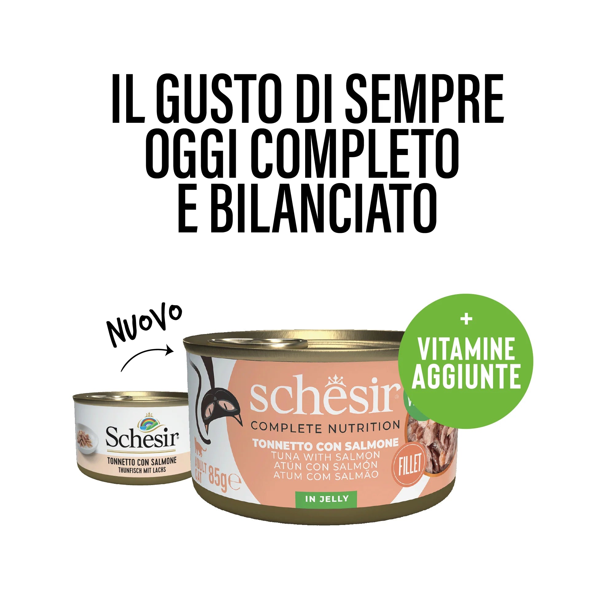 Schesir tonnetto con salmone per gatto adulto 85g, nuova formula con vitamine aggiunte in gelatina Schesir tonnetto con salmone per gatto adulto 85g, nuova formula con vitamine aggiunte in gelatina